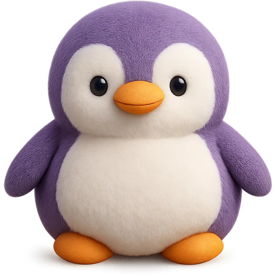 A friendly penguin plush with a round belly, orange beak, and small flippers. The penguin has a soft texture and charming details. emoji