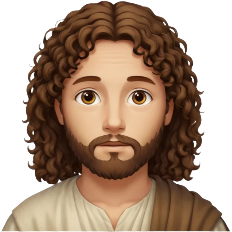 "Jesus with medium curly hair, not long, gentle expression, realistic yet soft digital painting, warm and serene colors." emoji