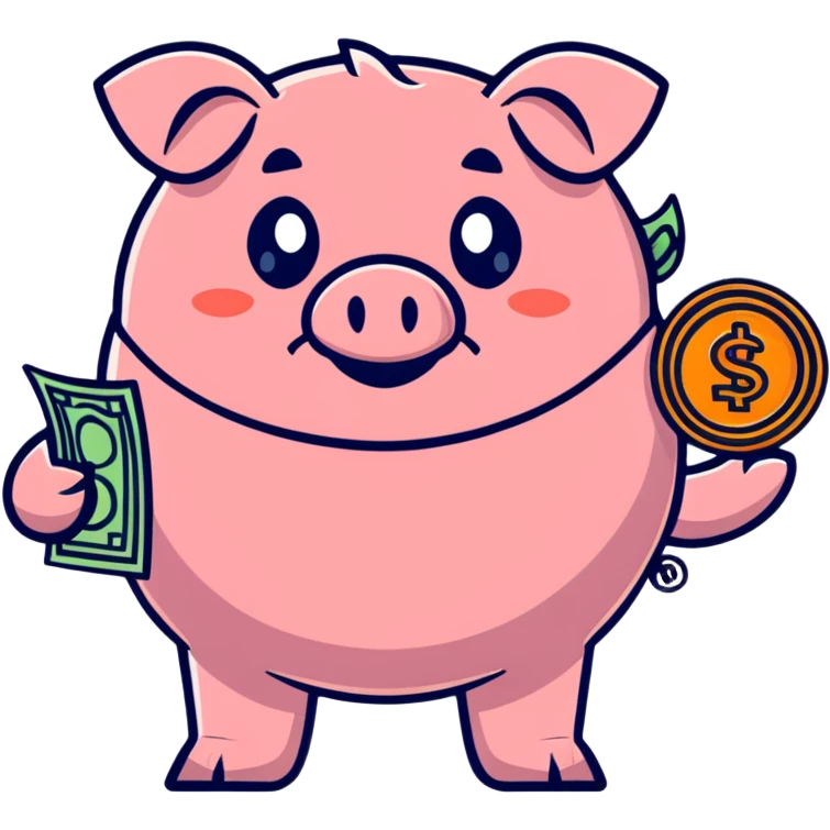 cute penny coin mascot with arms and legs, holding a piggy bank, financial advisor character emoji