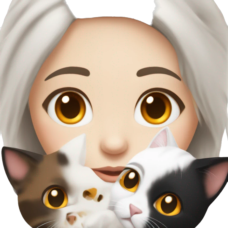 Brunette girl with brown eyes, white skin and holding a tricolor cat with black, white and orange furry. Cat hairs are black in one side of its face and orange in the other side of its face. emoji