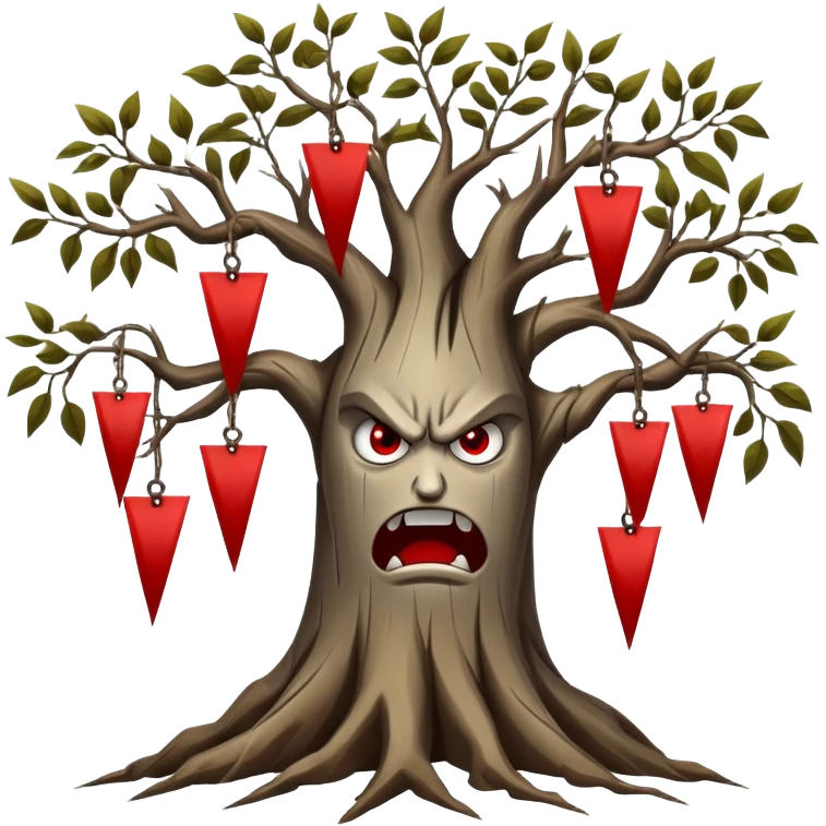 roots with red flags on the tips, tree, angry faces hanging on the tips of the tree branches emoji