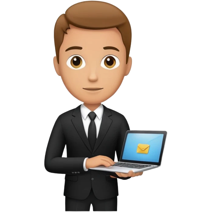 Businessman in a black business suit holding a laptop with PrimeCopy written on it emoji