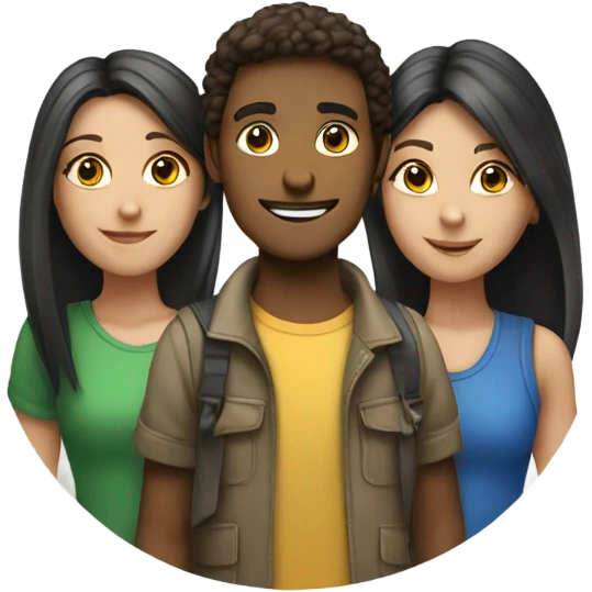 Classmates are standing in a circle of three people, two girls and a guy emoji