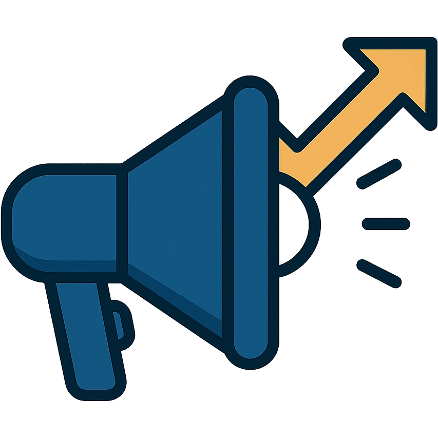 clean minimalist icon for advocacy consulting firm, stylized megaphone with rising arrow, navy blue white gold accents, symbolizes empowerment influence positive change emoji
