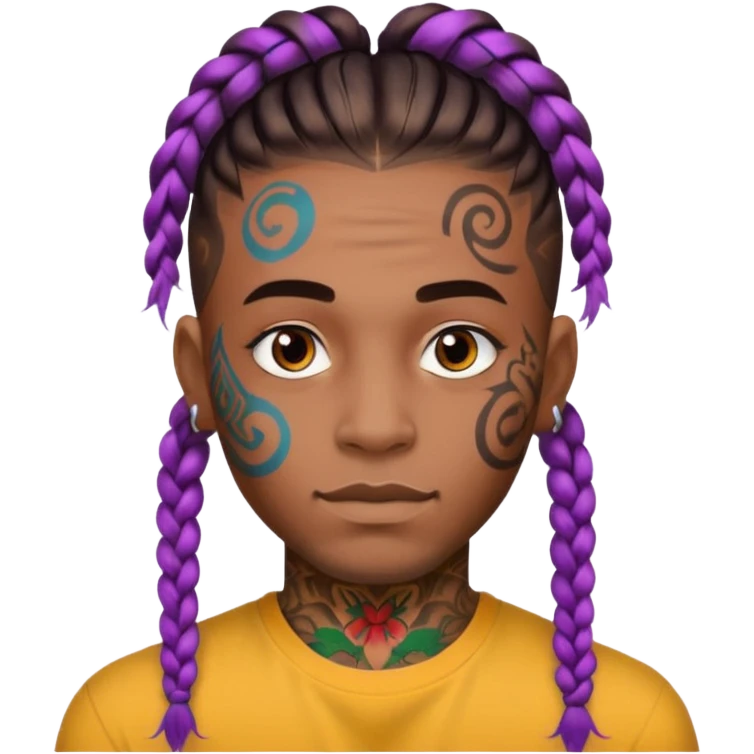 big lose braids starting from the top of the head man with mustache face wiith big visible braids and lots and lots of colored face tattoos colored tattoos like a tattoo artist hair unique color emoji