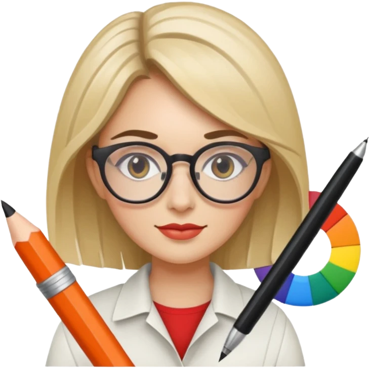 female graphic designer , color wheel, pens, papers emoji