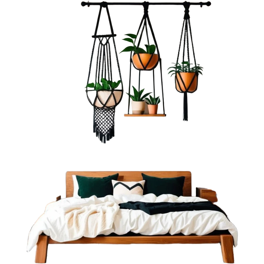 modern bohemian bedroom with monstera plants, hanging planters, macrame wall art, and wooden furniture emoji