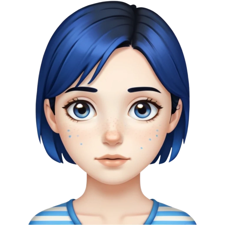 Pale girl with freckles and brown eyes, black hair, with two strips of blue hair emoji