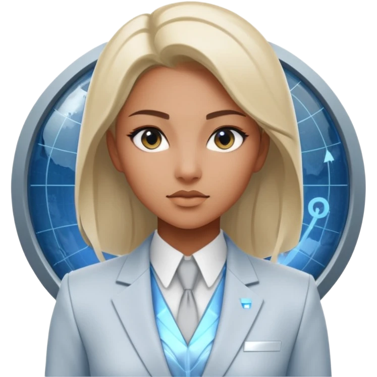Artemis, A sleek female avatar with a focused, forensic gaze, wearing a minimalist white and silver tailored suit accented with moonlight blue. She is analyzing a transparent holographic interface displaying complex global sovereign credit data. emoji