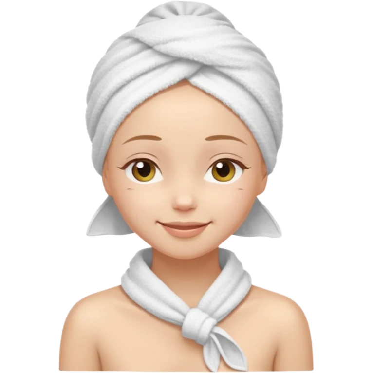 cute girl with her eyes closed and smiling, wearing a white spa towel as her clothes in she has a white spa towel on her head, no hair emoji