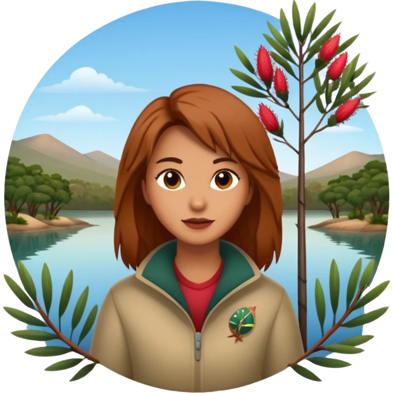 The word "Oldina" surrounded by trees and a lake and some native australian bottle brush branches  emoji