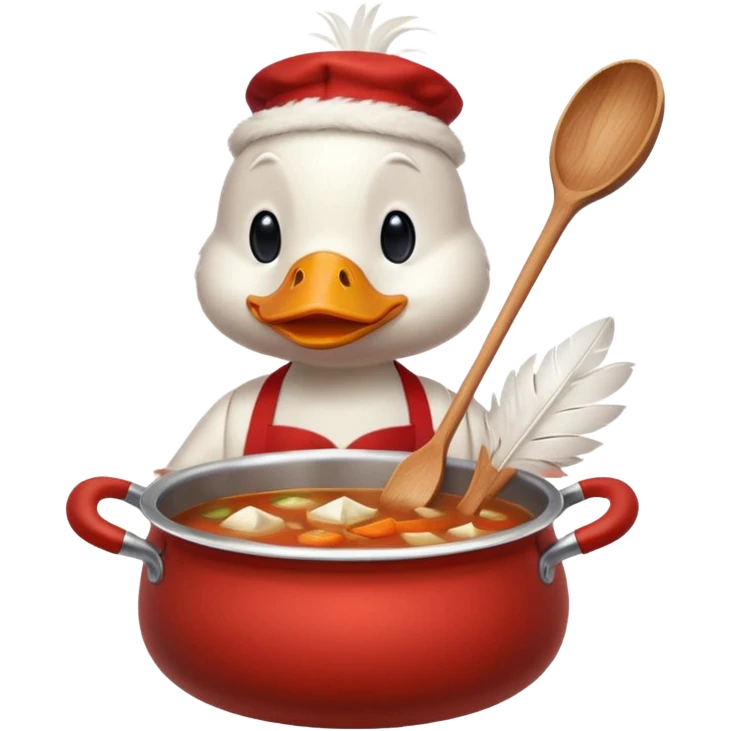 A duck wearing red apron stirring soup in a small pot, looking very focused. emoji