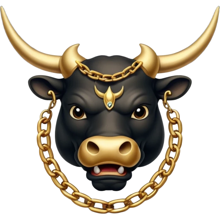 The emoji is an angry black powerful bull with steam coming out of its nose and a gold chain hanging from its neck with the inscription "bull run" emoji