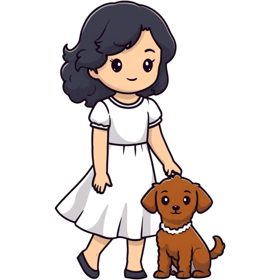 beautiful girl with long black hair in a white dress holding a small brown curly-haired dog emoji