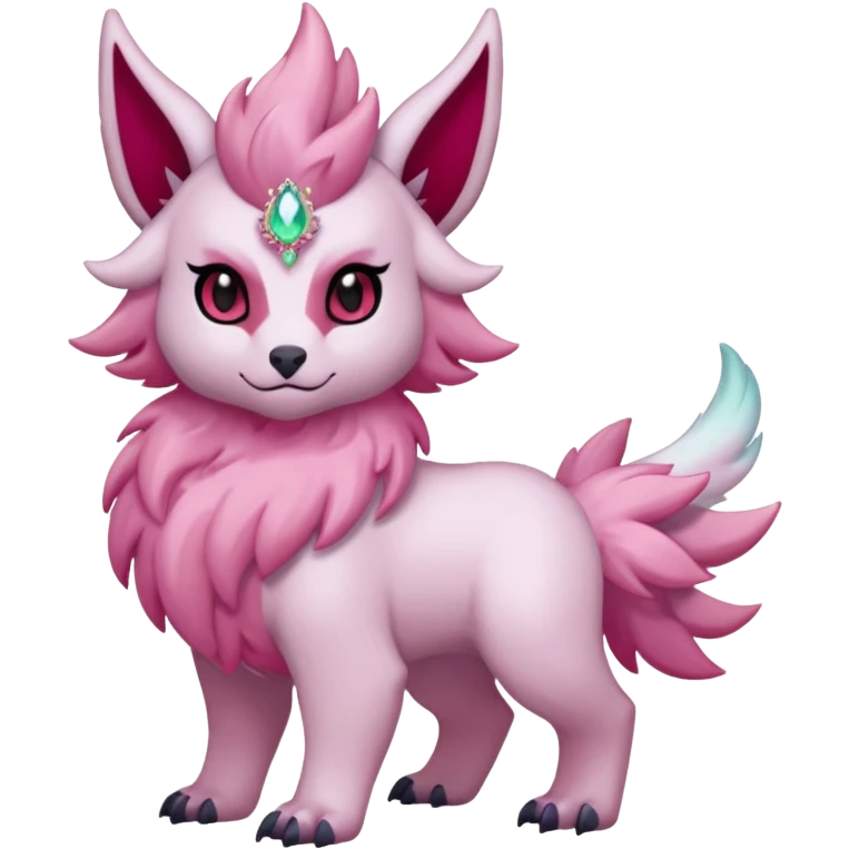 Floral pastel pink-furred, and ruby-jewelry-adorned Absol-Amaura-fusion-Fakemon-animal-creature  emoji