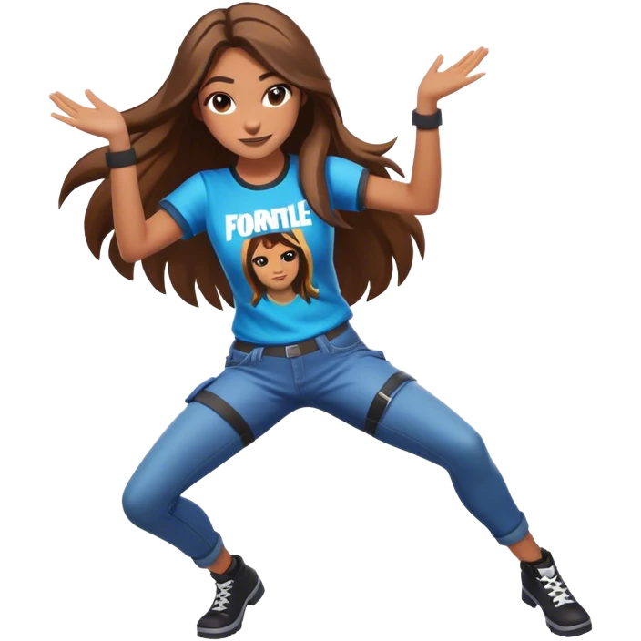 Girl with long brown hair dancing with Fortnite shirt emoji