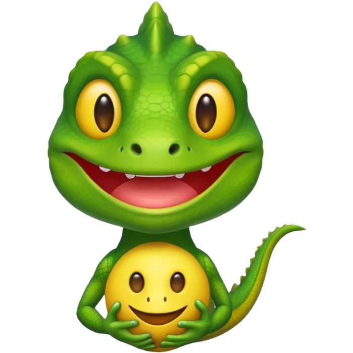 a melancholy lizard holding a bright yellow smiling emoji mask emoji