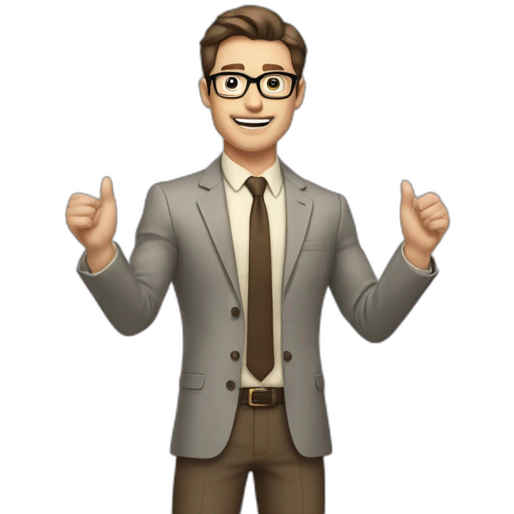 To belt Actively gesturing with hands Pale skinned fit man with dark brown hair in gray jacket, beige office shirt, brown tie, brown pants and vintage glasses. emoji