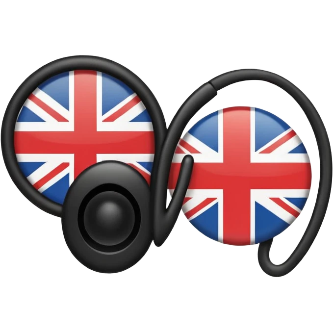 Minimalistic flat vector icon, iOS style, thin black contour on white background. Ear icon with sound waves and small UK/USA flag symbol. Clean, no text, no shadows emoji