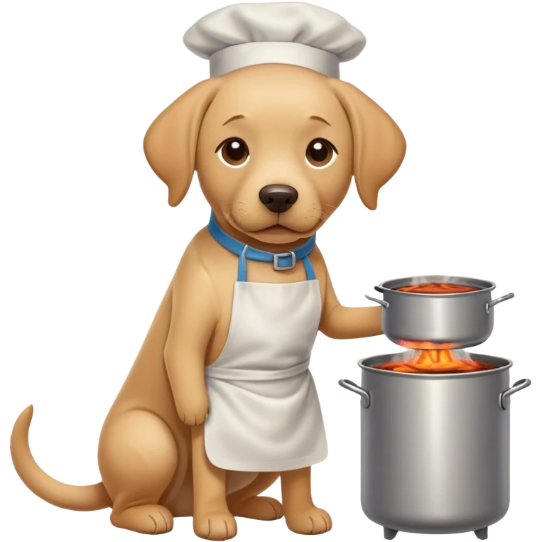 Labrador Retriever with apron standing over a hot stove with boiling pots  emoji