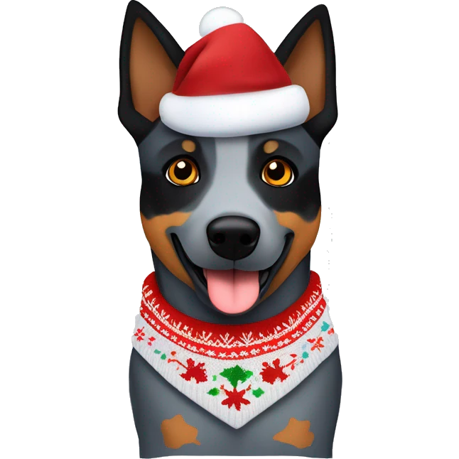 Queensland blue heeler with black and brown patch on one side of face in a Christmas sweater  emoji