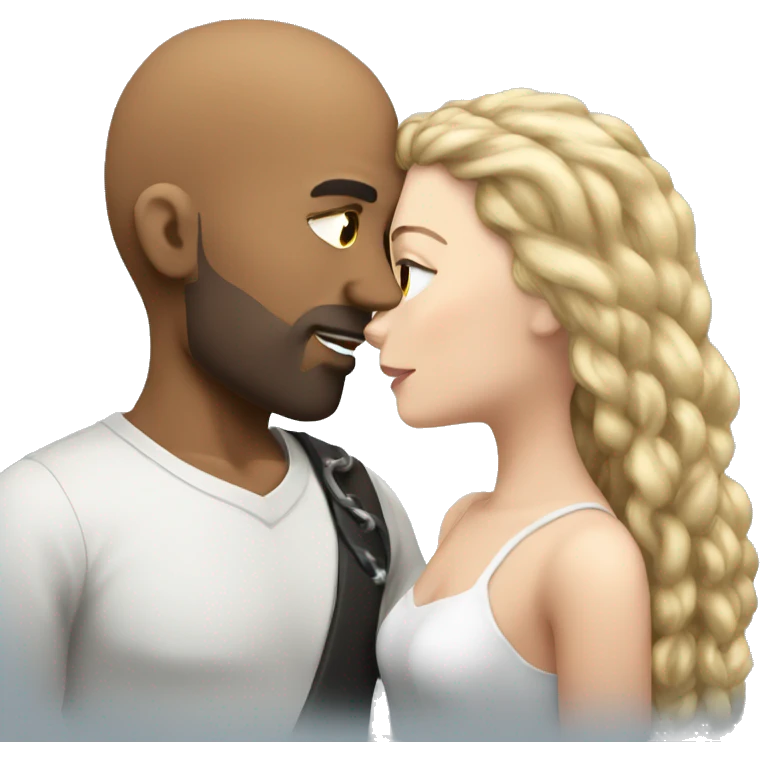 Brown bald man with chain hair kissing white brunette with long hair emoji