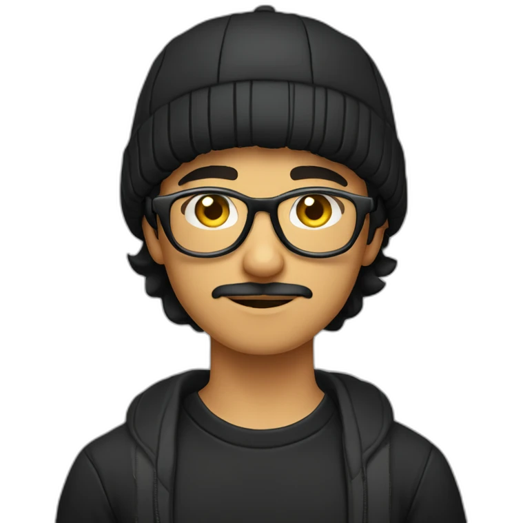 a light skin Pakistani teenager, wearing round glasses, short moustache, black hair, black jumper/sweater, structured manly face, yellow brimless cap emoji