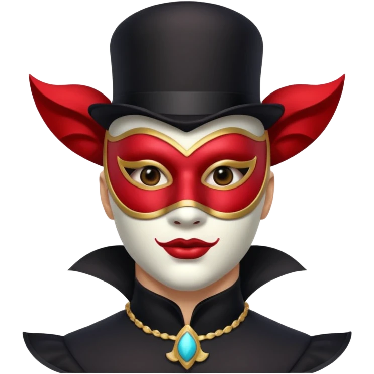 masked circus acrobat portrait, head and shoulders only, elegant carnival mask, dark outfit collar, dramatic expression, 3D cartoon, mobile game icon style, clean background, no text, no watermark
 
 emoji