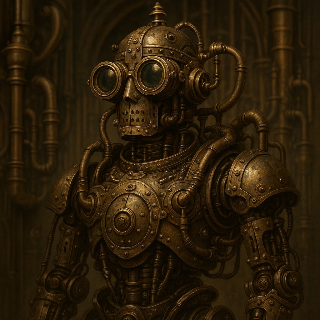 steampunk robot with goggles and pipes, metallic, intricate details, Victorian style emoji