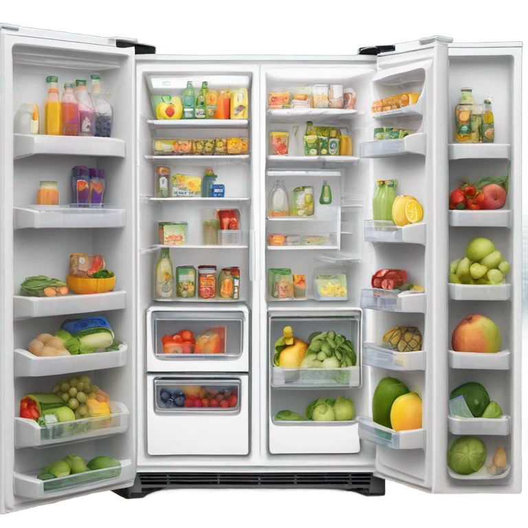A white double door fridge with both doors open. Inside it has shelves with fruit and vegetables in organized containers. Also clear bottles filled with juices that is organized emoji