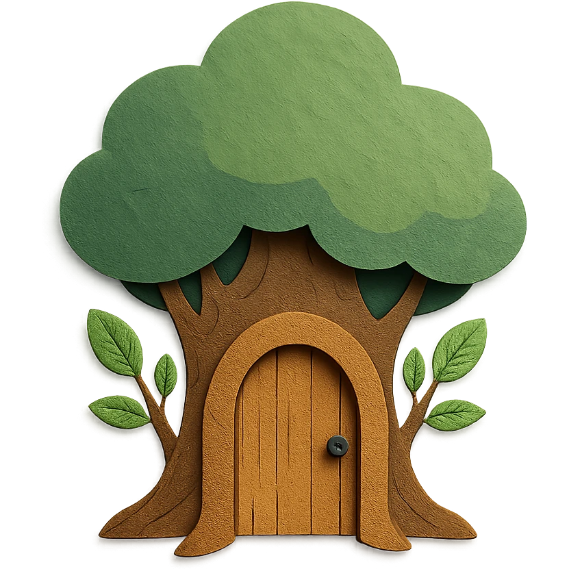 wooden door embedded in a tree, secret forest hideout vibe, paper craft style emoji