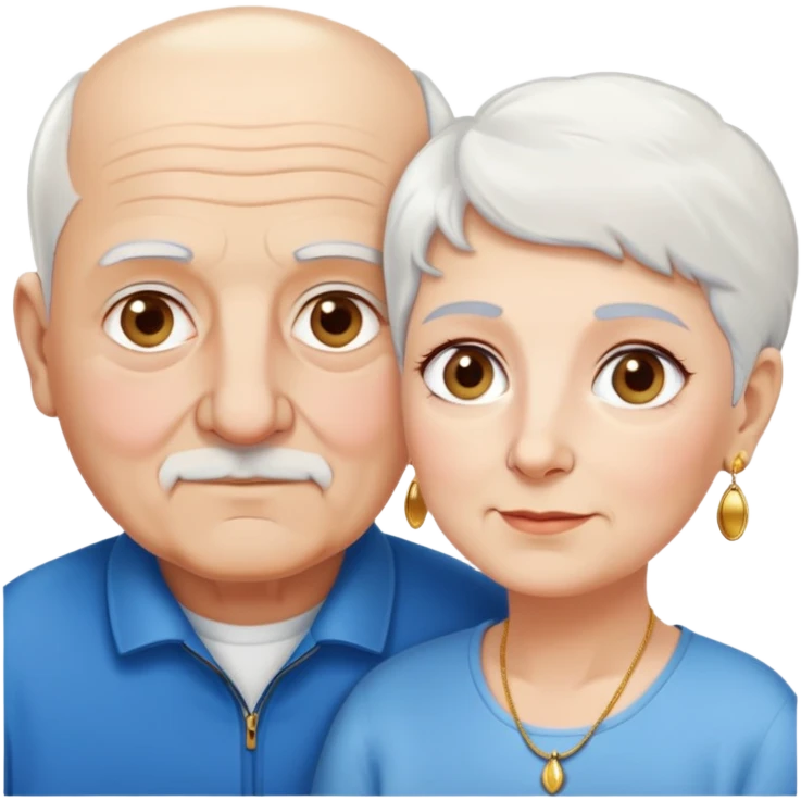 Una abuela italiana blanca de ojos marrones con cabello corto blanco y aretes de oro, junto a su esposo de ojos azules abuelo de piel blanca italiano un poco gordo con pelo blanco corto calvo sin nada de bigote  emoji