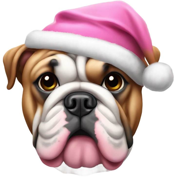 English bulldog wearing a pink Christmas outfit and hat  emoji