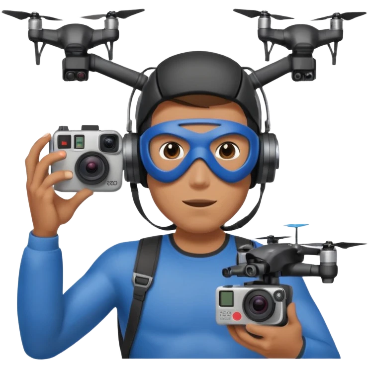 Super hero photographe, gopro sur la tête, masque fpv sur les yeux. Un drone à côté de lui. Il tiens un appareil photo reflex. emoji