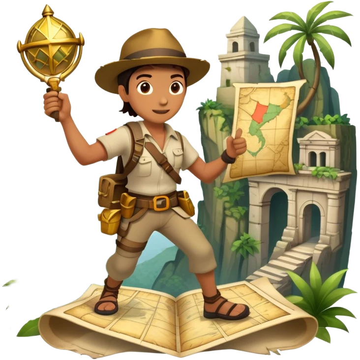 An icon featuring an adventurer in a dynamic action pose with treasure map, ancient ruins and jungle landscapes in the background. The design includes clues, hidden passages and climbing gear, symbolizing the thrill of exploration and discovery. Transparent background. emoji