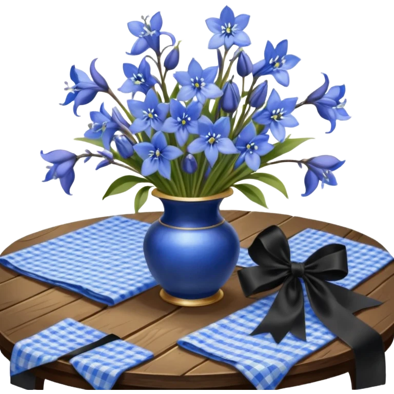 A lush bouquet of bright blue color bluebell black satin ribbon, resting on an antique wooden table, with a pale yellow and pink plaid pattern table cloth emoji