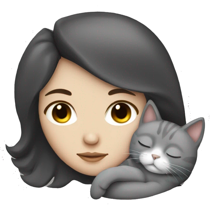White Girl dark hair sleeping with grey cat emoji