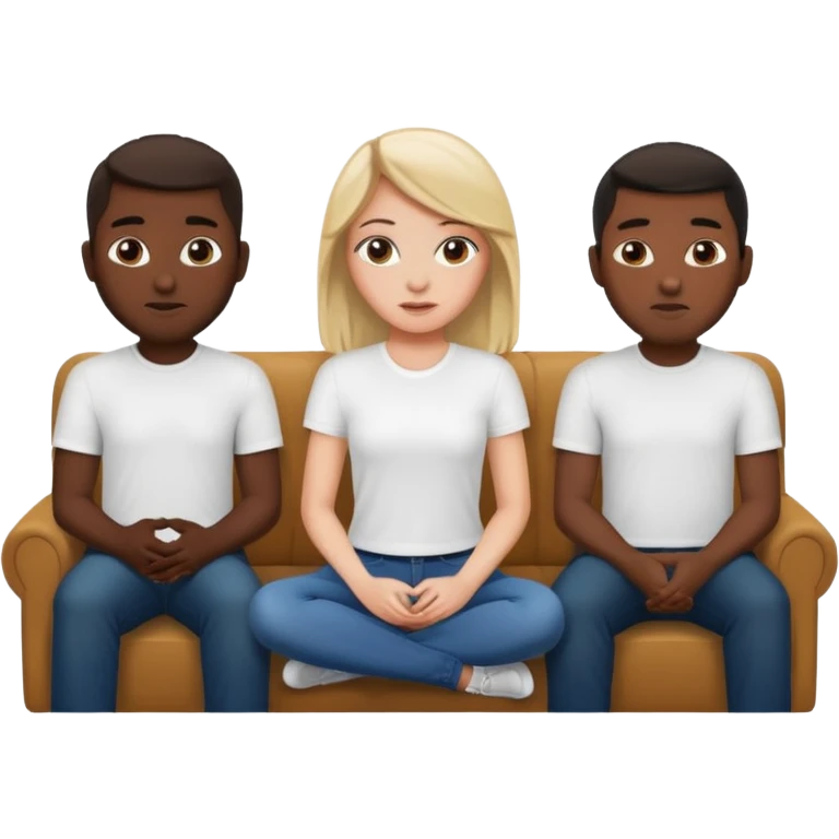 A white girl sitting on a couch with 5 black men in white shirts behind her  emoji