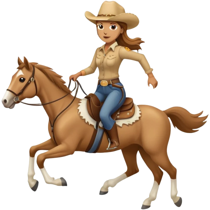 palomino horse running with 4 legs a woman rider with brown hair and a cowboy hat emoji