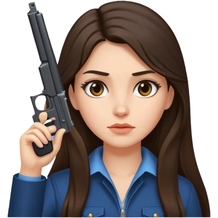 A brunette with long hair girl who is about to kill herself with a littlr gun pointed at her temple emoji