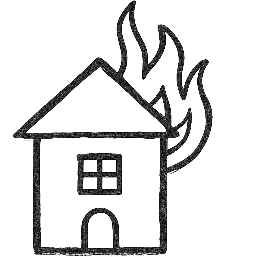 a house on fire, black color, hand drawn outline style emoji