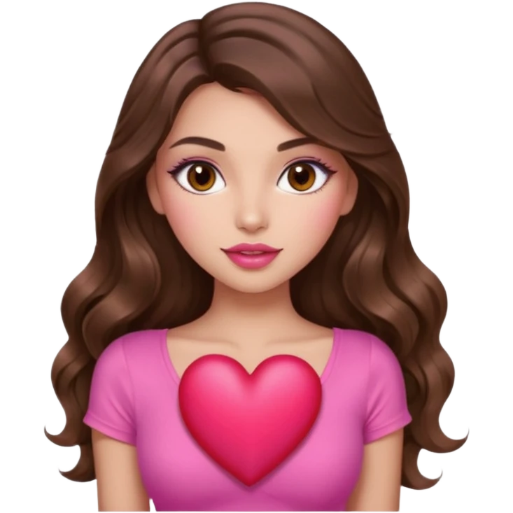 girl with long wavy brown hair, brown eyes, long lashes makeup, sexy pink lips, light to medium complexion, wearing a pink sexy top, holding a big heart emoji