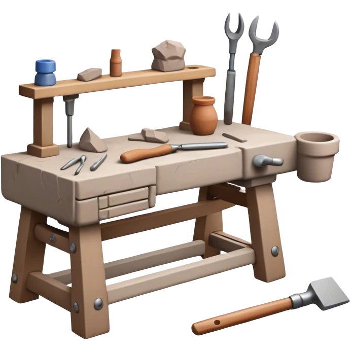 Cinematic Realistic image of a workbench set with a lump of pliable clay and artisanal sculpting tools, rendered with finely detailed textures that reveal subtle clay particles and well-worn tool surfaces, bathed in warm, focused studio lighting emoji