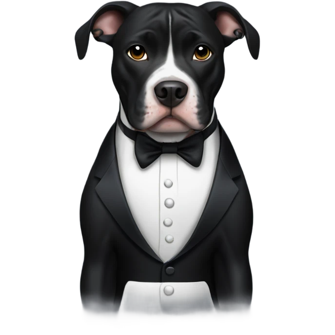 all black pitbull with crooked ears wearing a tuxedo emoji