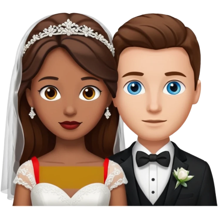 White groom with blue eyes and brown hair. Black bride with brown eyes emoji