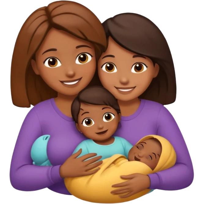Two brown skin girls cuddling with a baby emoji