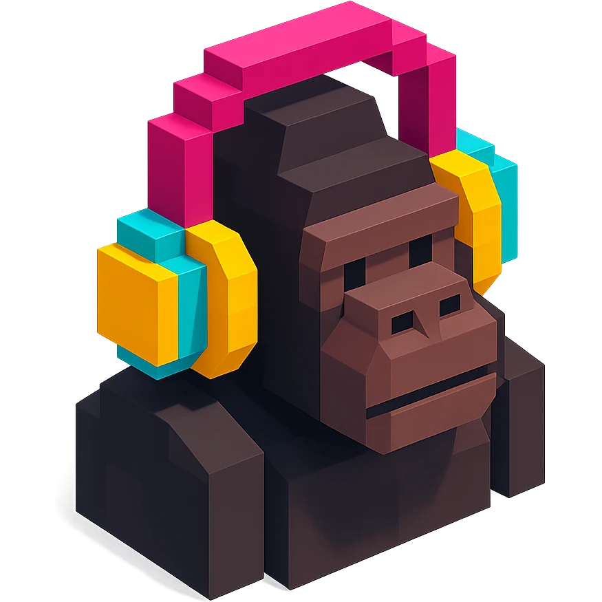 voxel style gorilla wearing large over-ear headphones, isometric view emoji