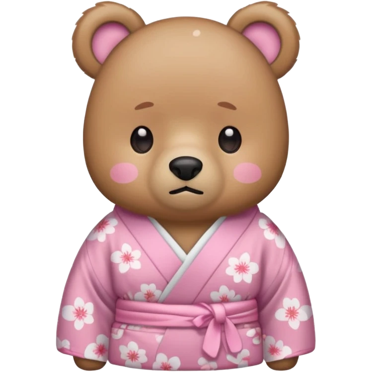 A cute light-brown bear wearing a pastel pink sakura-patterned kimono, normal balanced body ratio.  
Tears pooling under the eyes and softly streaming down cheeks, sad trembling mouth and droopy ears.  
Kawaii emoji style, minimalistic clean sticker illustration, white background. emoji