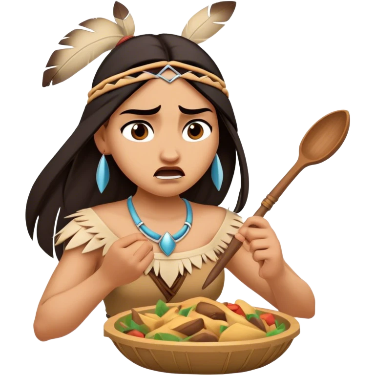 Cinematic Funny Pocahontas Portrait Emoji, Looking bewildered as Meeko steals her food, one brow raised in playful frustration, a warrior princess caught in a hilariously relatable moment, wild yet endearing! emoji