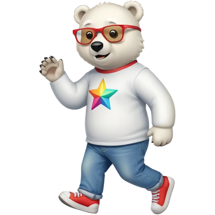 friendly anthropomorphised polar bear walking, excited expression, wearing shirt, jeans, trainers, oversized colorful star glasses emoji